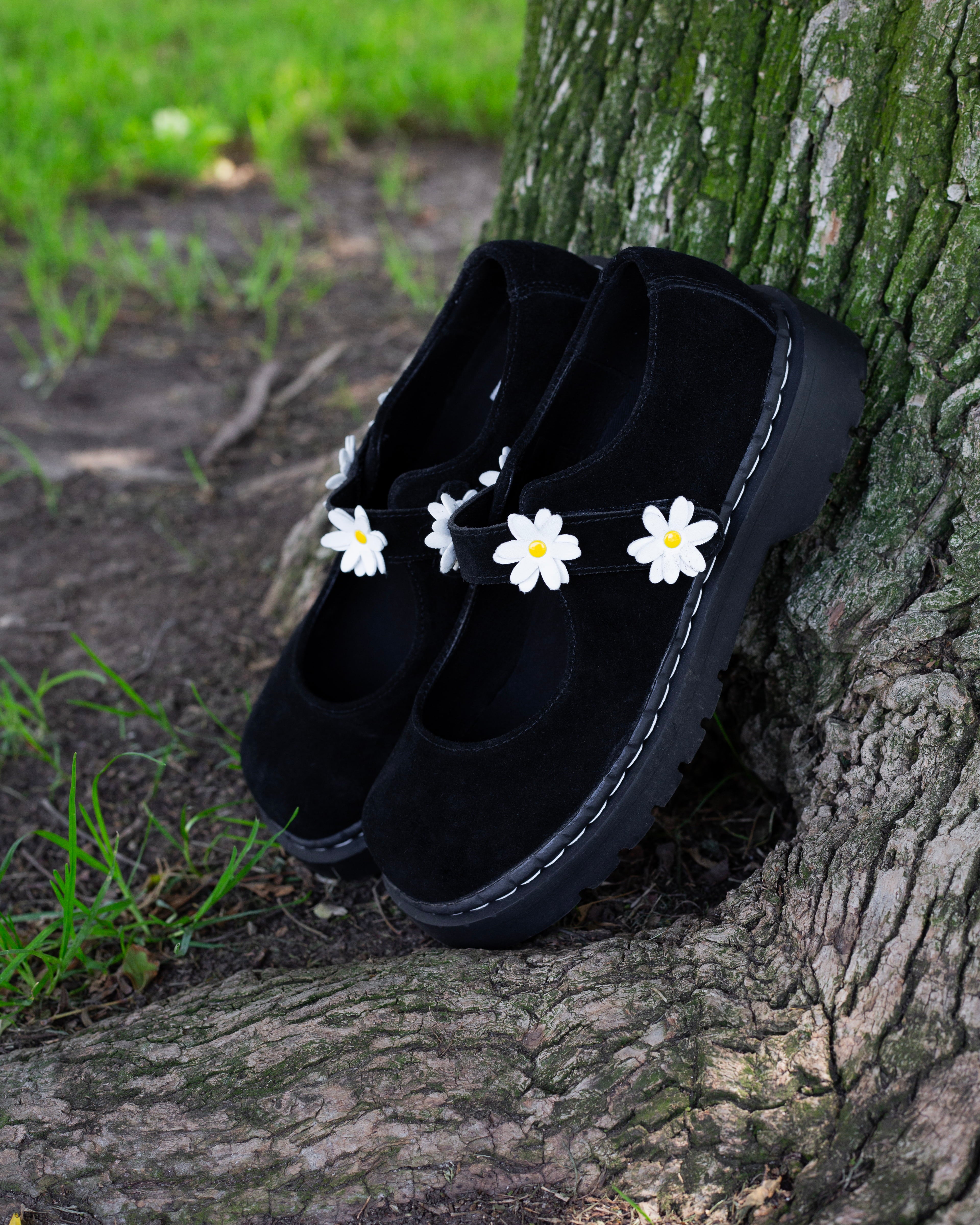 T2376 Black Suede Flower Mary Jane