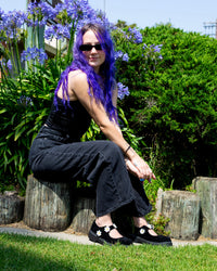 T2376 Black Suede Flower Mary Jane