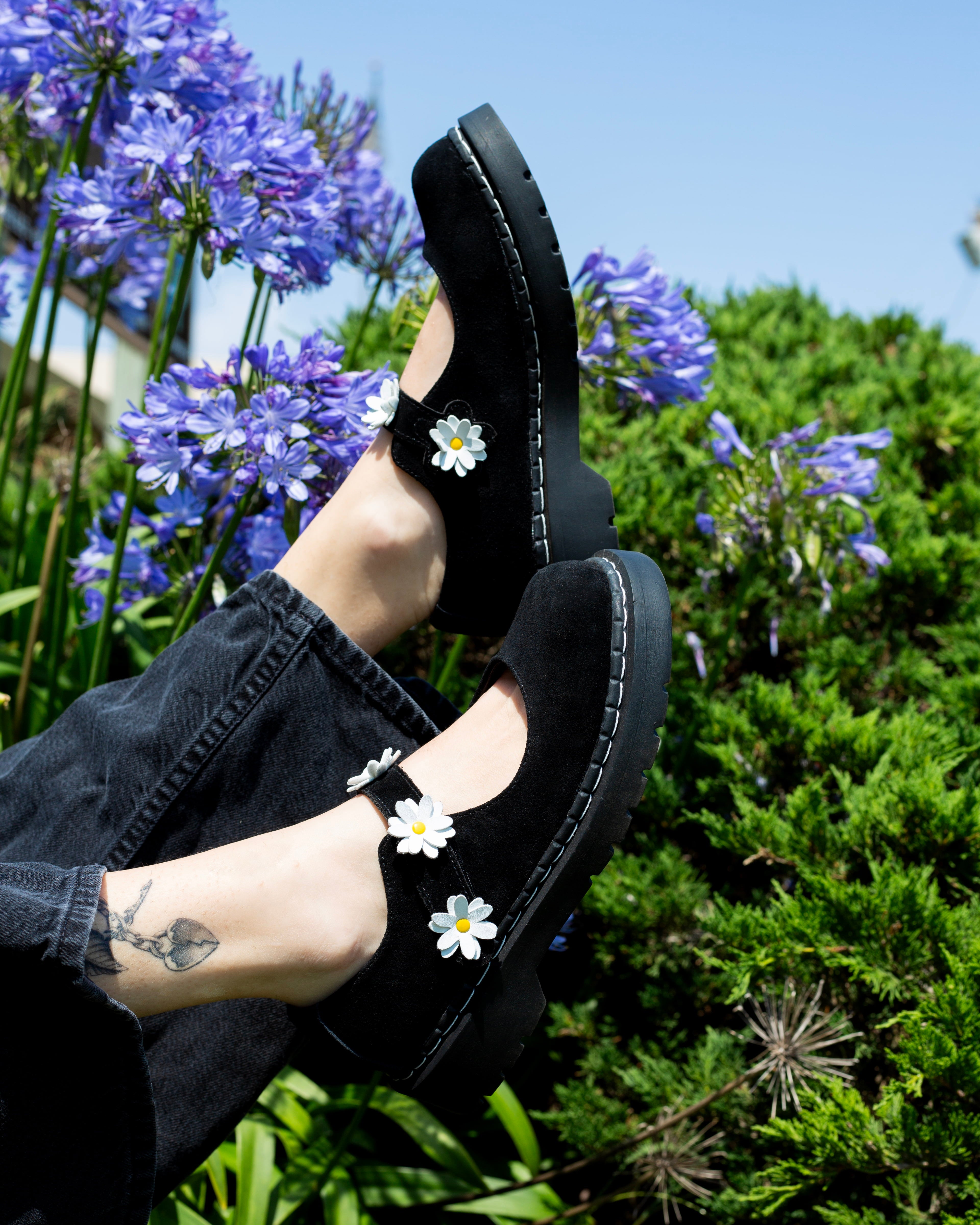 T2376 Black Suede Flower Mary Jane