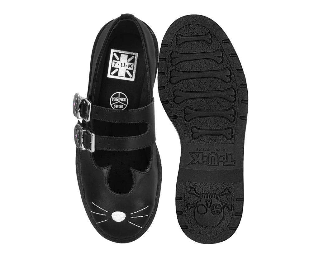 Black Leather 2-Buckle Kitty Mary Jane