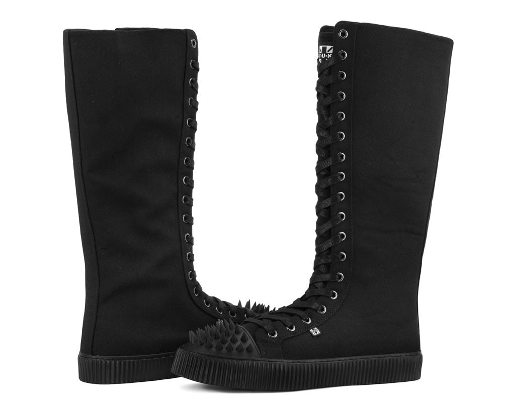 Black Canvas Knee Hi Spike Toe Sneaker Boot