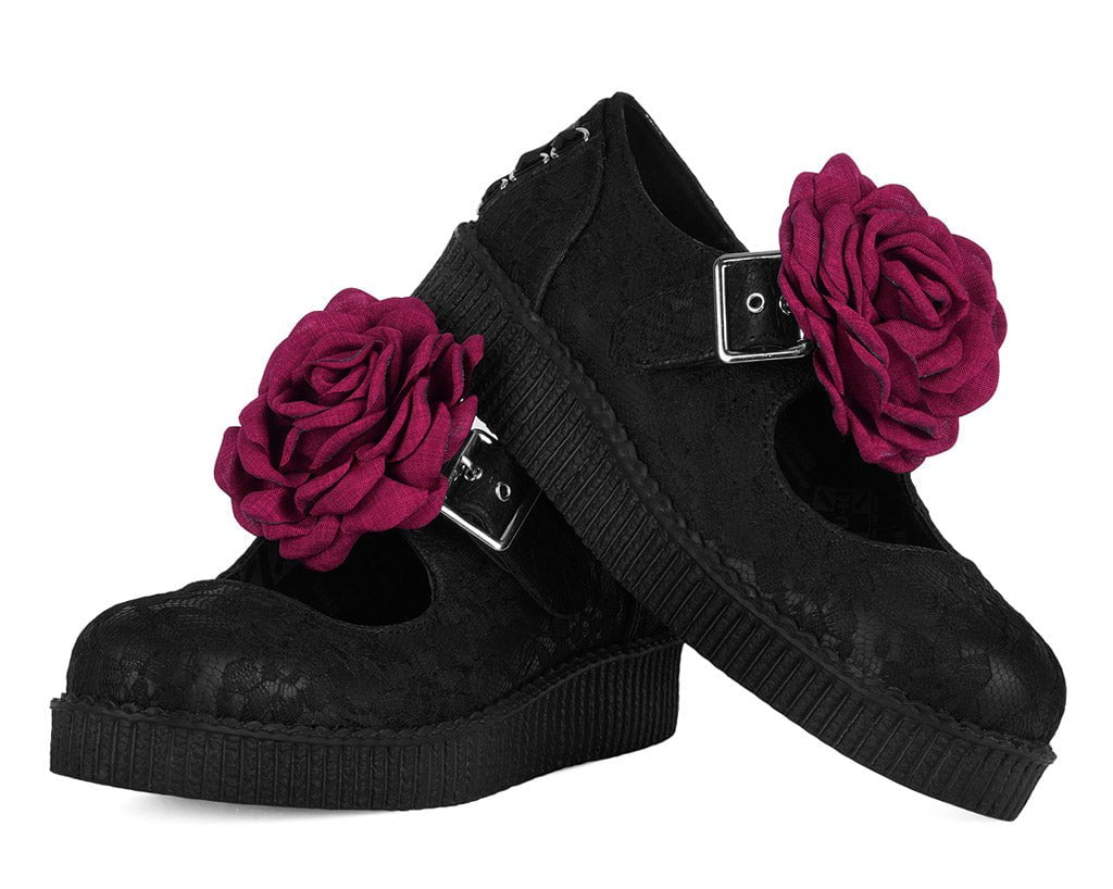 Black TUKskin Flower Lace Viva Low Mary Jane
