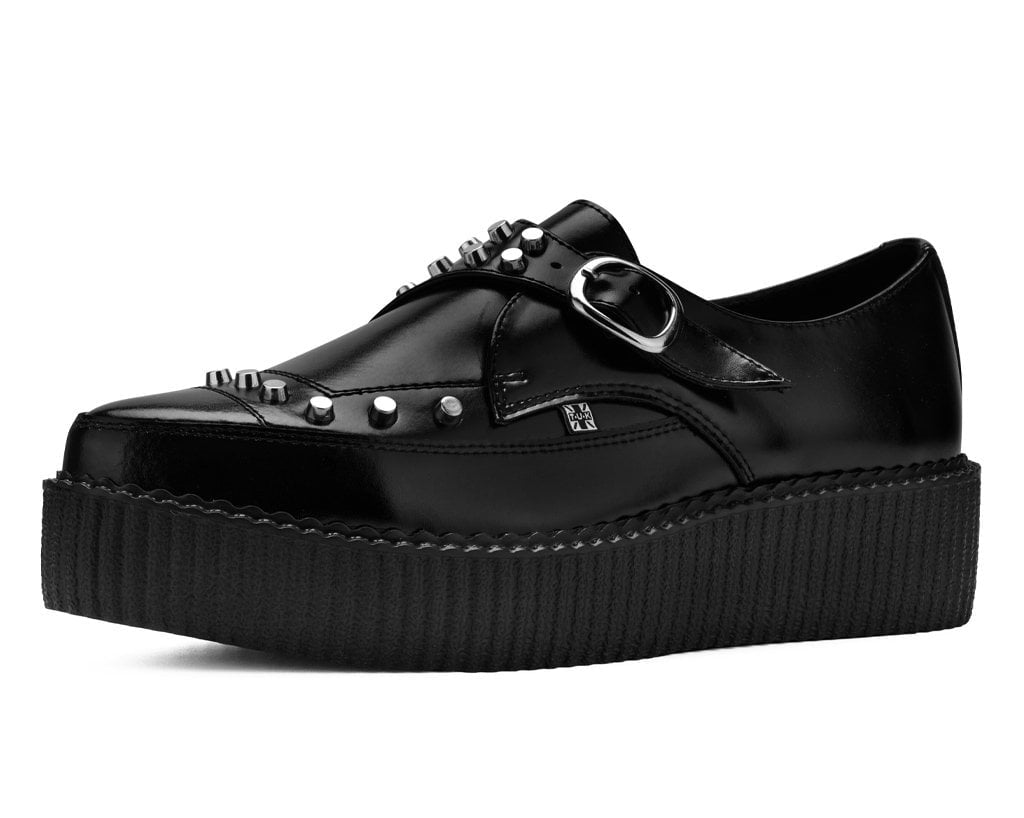 H3516 Black Leather Monk Buckle Studded Pointed Mondo Creeper
