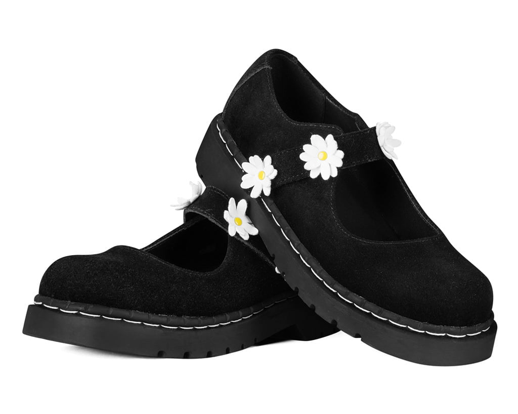 T2376 Black Suede Flower Mary Jane