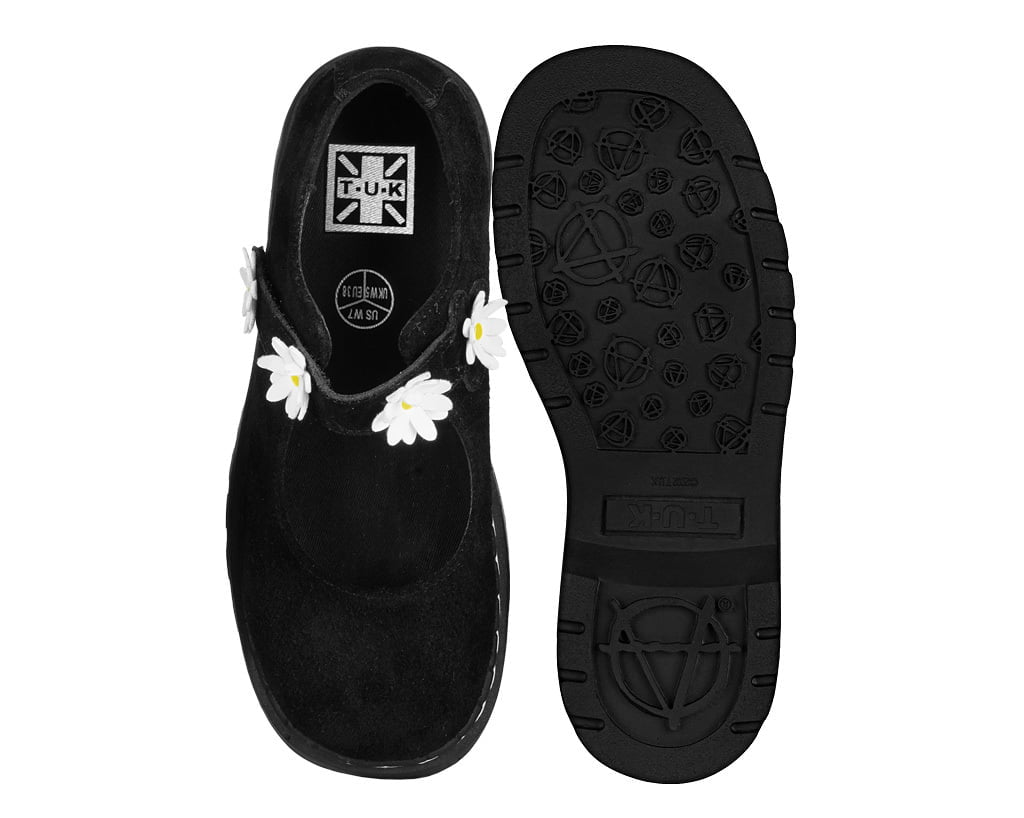 T2376 Black Suede Flower Mary Jane