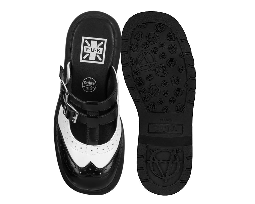 T.U.K. Inc. Black & White Leather T-Strap Mule