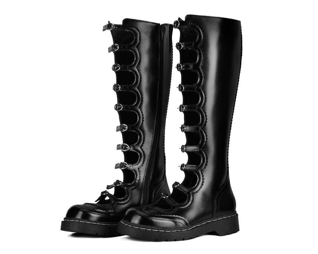 T.U.K. Inc. Black Brogue Leather Knee High Multi Strap Boot T2387-05