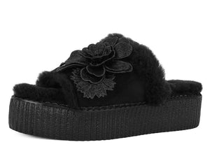 Black Wool Flower Slide