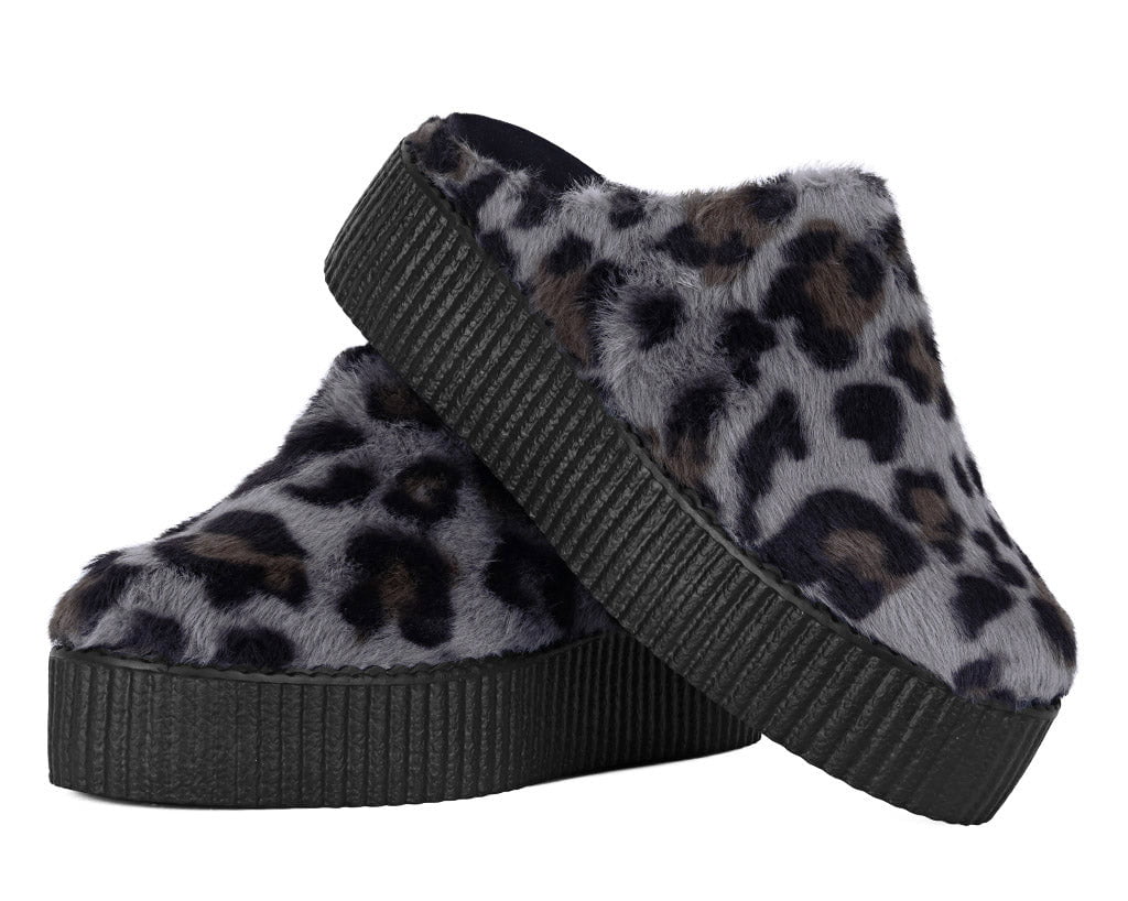 Grey Leopard Faux Fur Creeper Mule