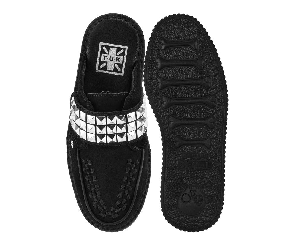 Black Suede Studded Strap Creeper Mule