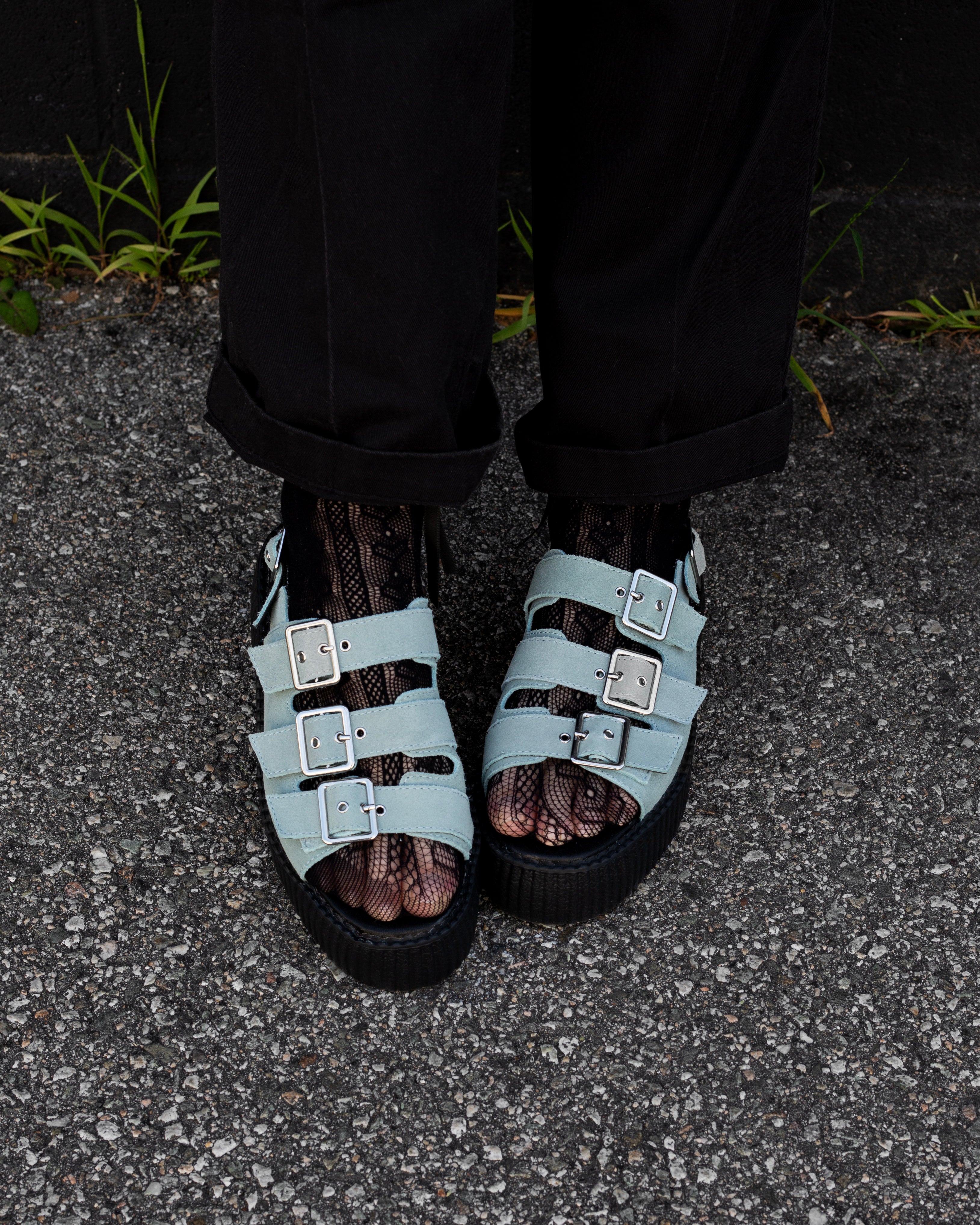 Pale Blue Suede 3-Buckle Mondo Sandal