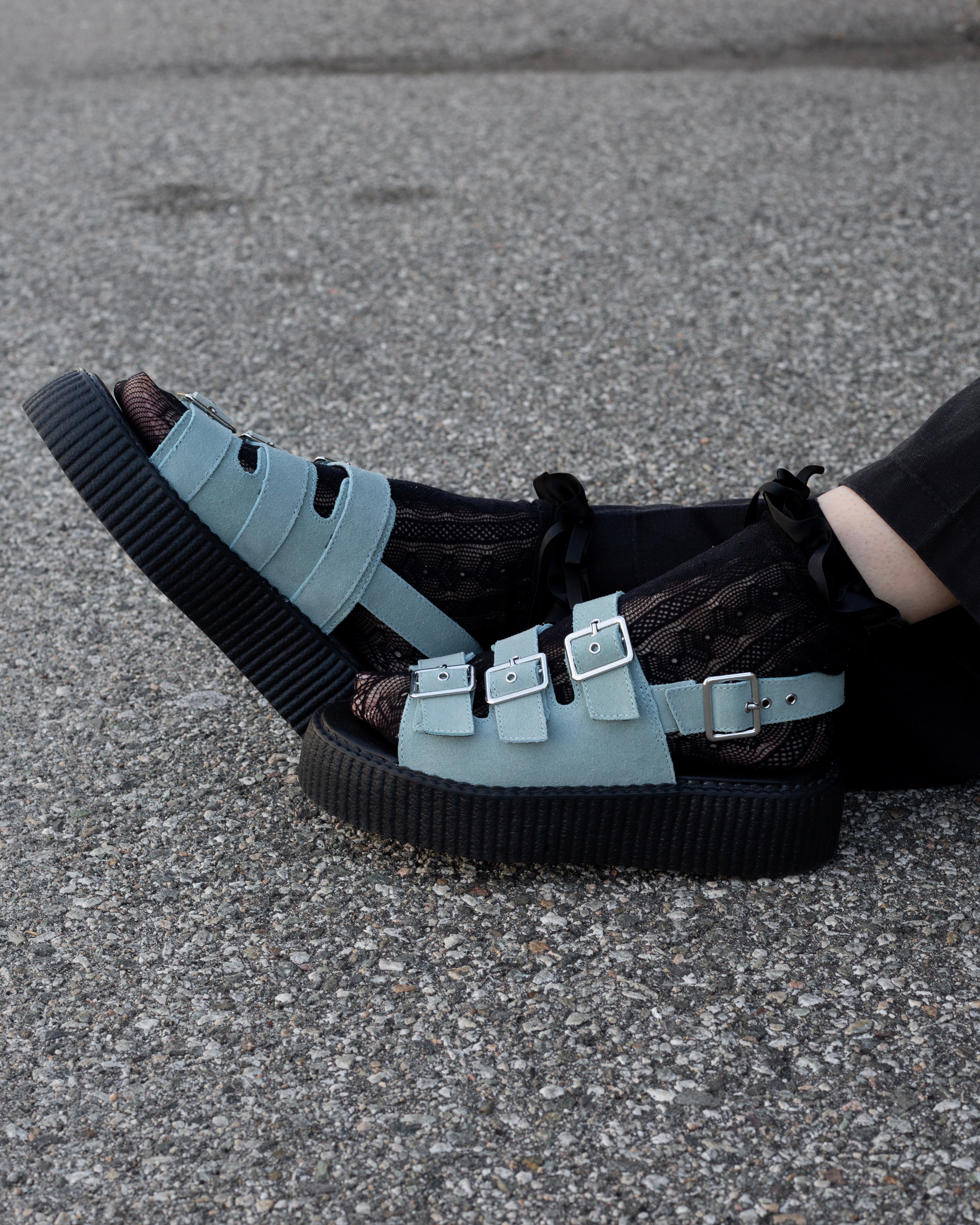 Pale Blue Suede 3-Buckle Mondo Sandal