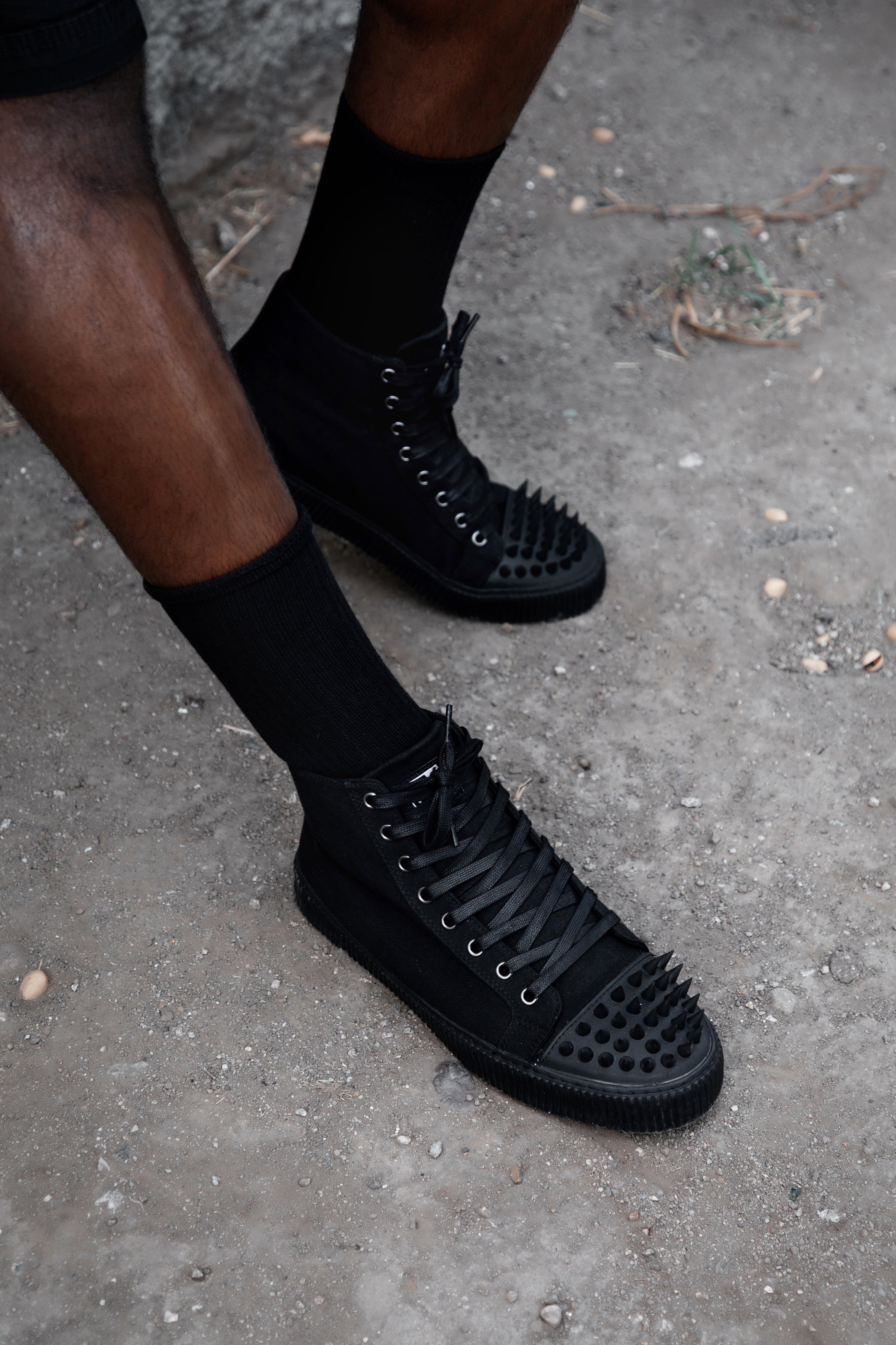 Black Twill Spiked Toe 8 Eye Sneaker Boot
