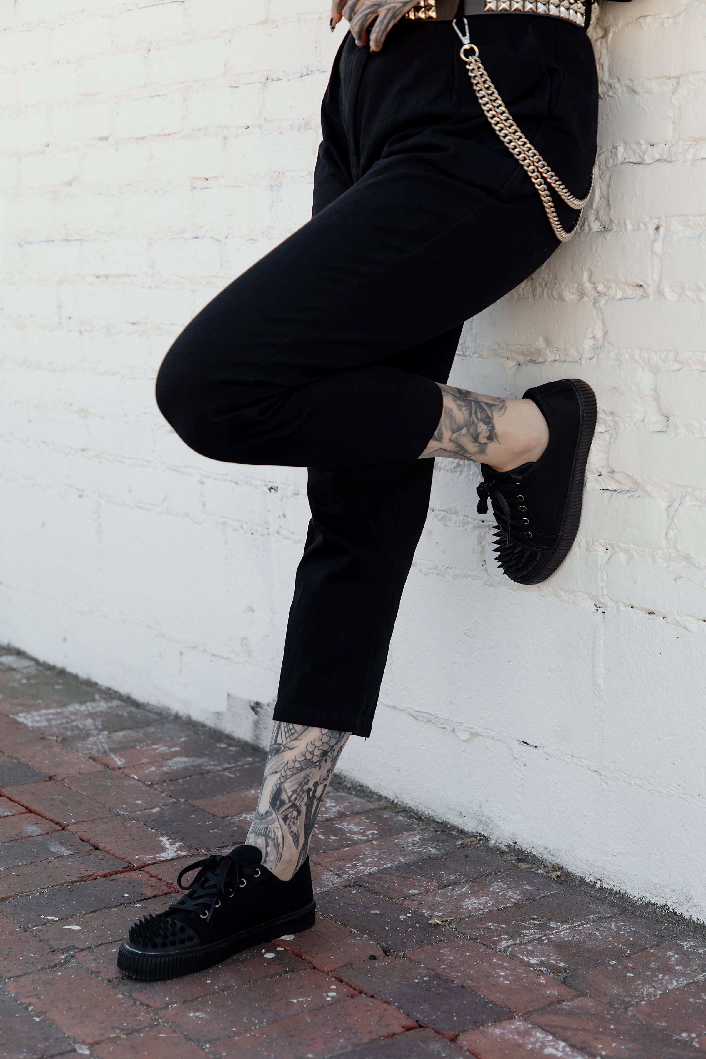 Black Twill  Spiked  Lace Up Sneaker