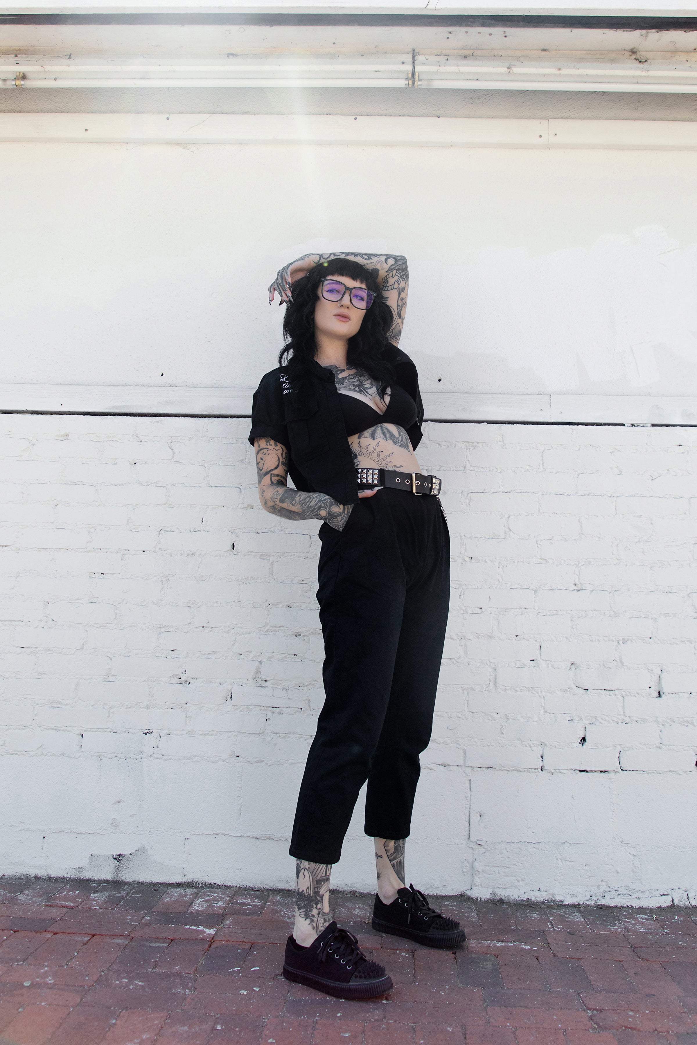 Black Twill  Spiked  Lace Up Sneaker