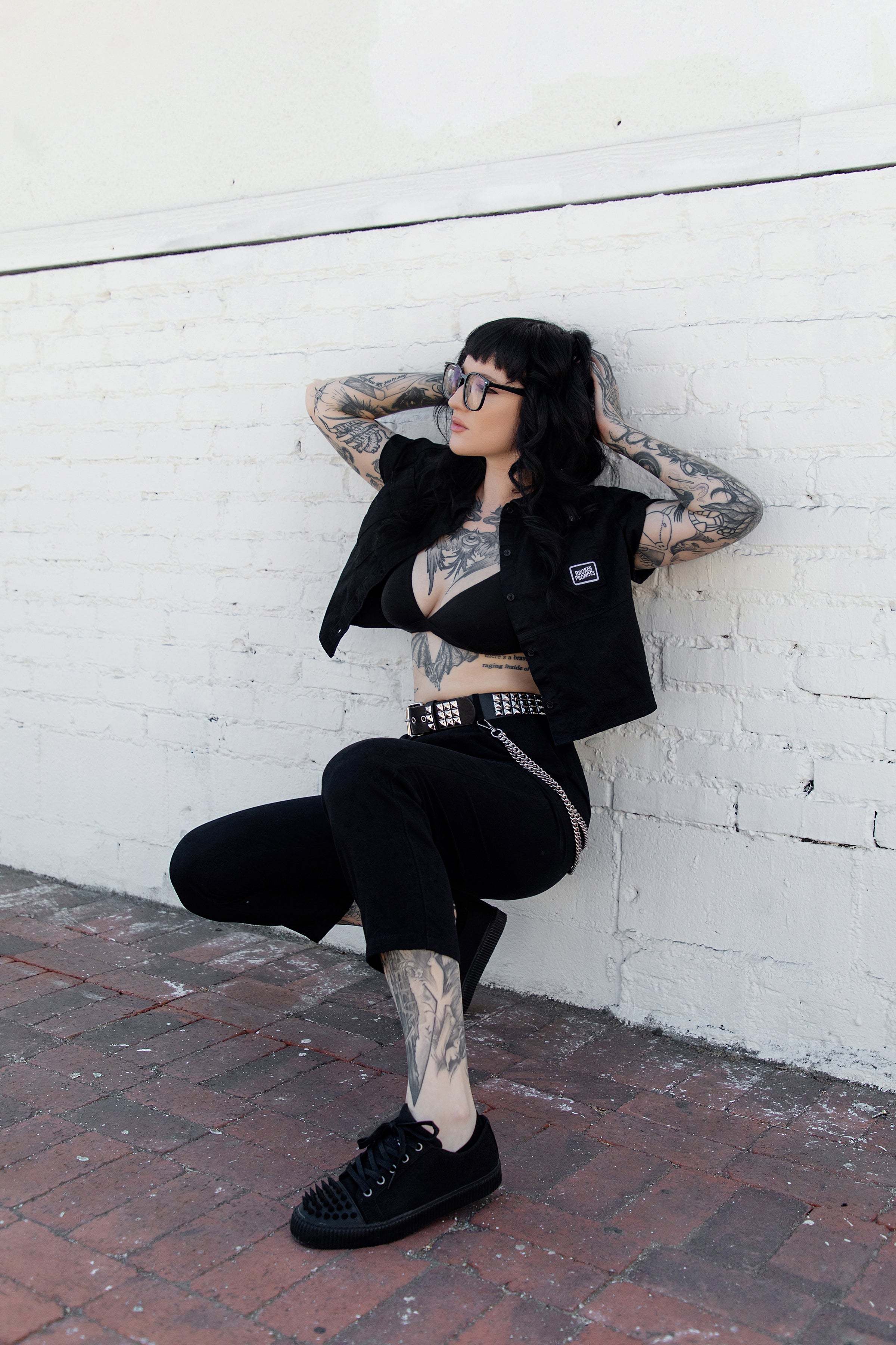 Black Twill  Spiked  Lace Up Sneaker