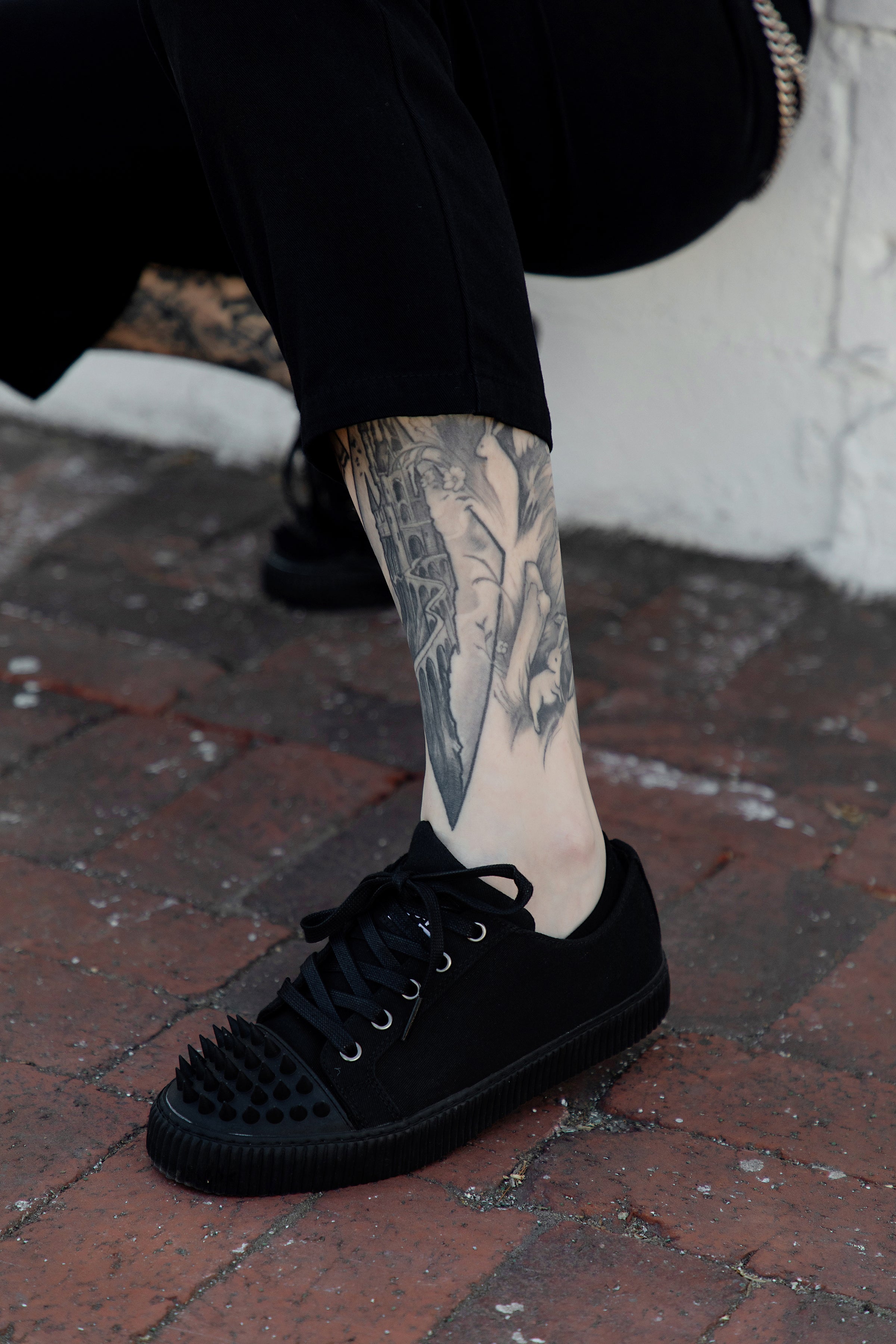 Black Twill  Spiked  Lace Up Sneaker