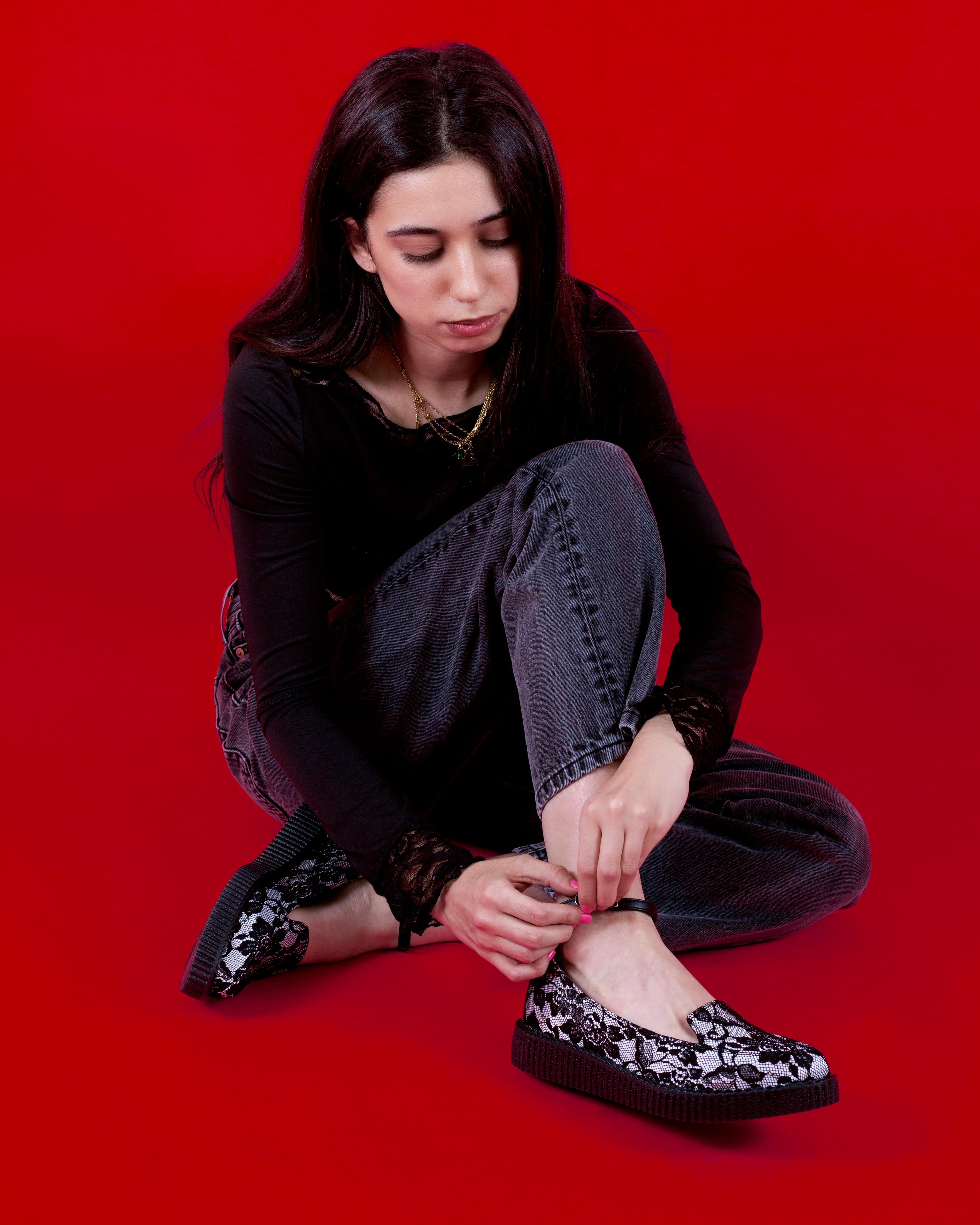 Black Satin Lace Pointed Ballet Creeper