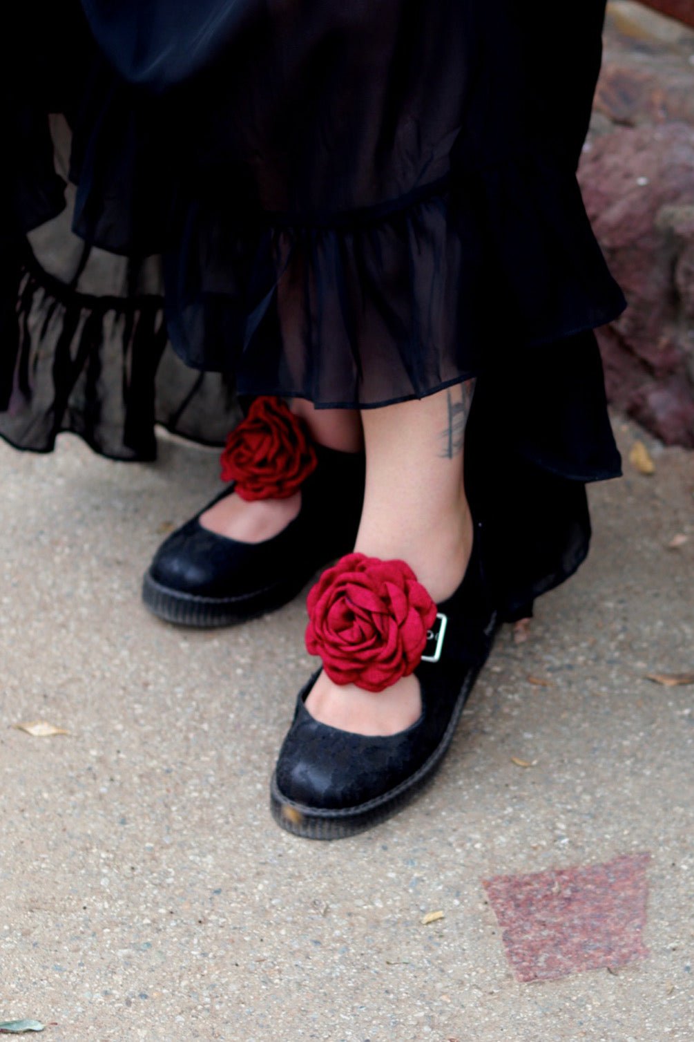 Black TUKskin Flower Lace Viva Low Mary Jane