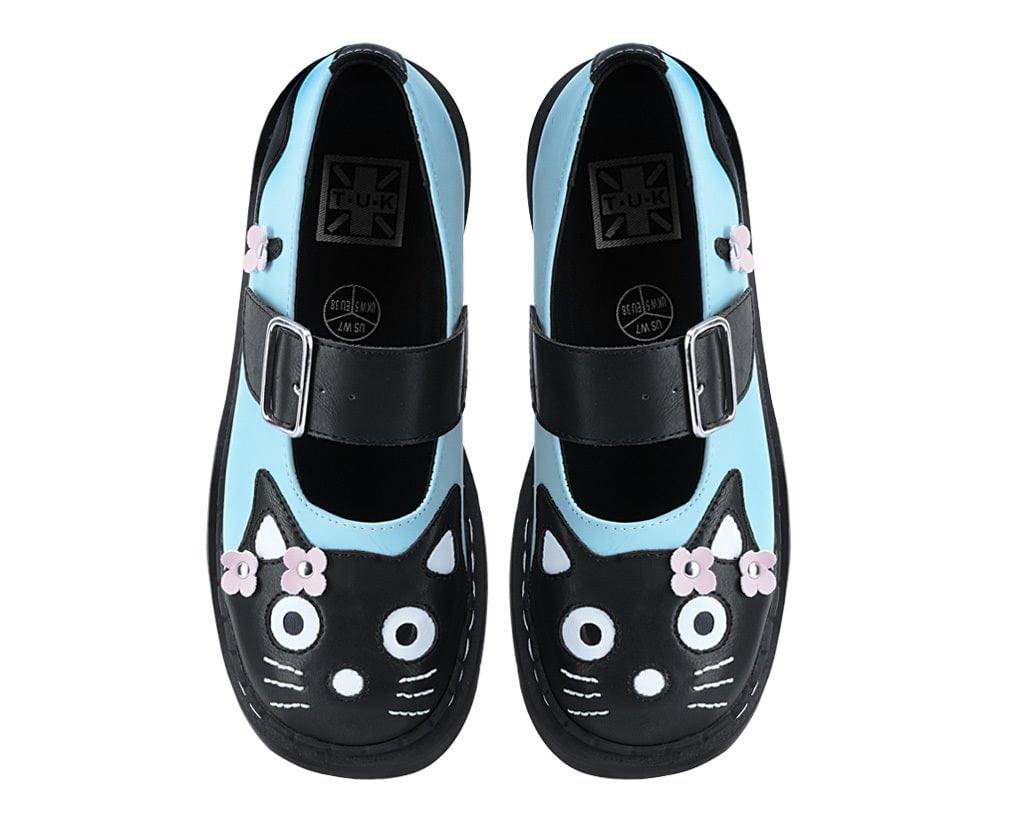 T2368 Black & Baby Blue Flower TUKskin Kitty Mary Jane