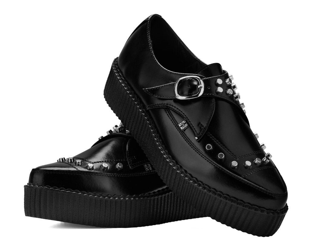Black Leather Monk Buckle Studded Pointed Mondo Creeper - T.U.K.H3516-03