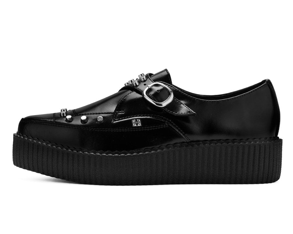 Black Leather Monk Buckle Studded Pointed Mondo Creeper - T.U.K.H3516-03