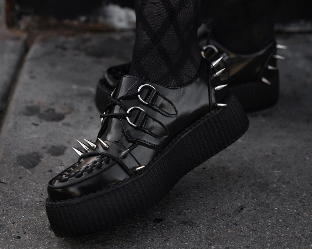Black Leather Spike Viva Mondo Creeper - T.U.K.V3341-03