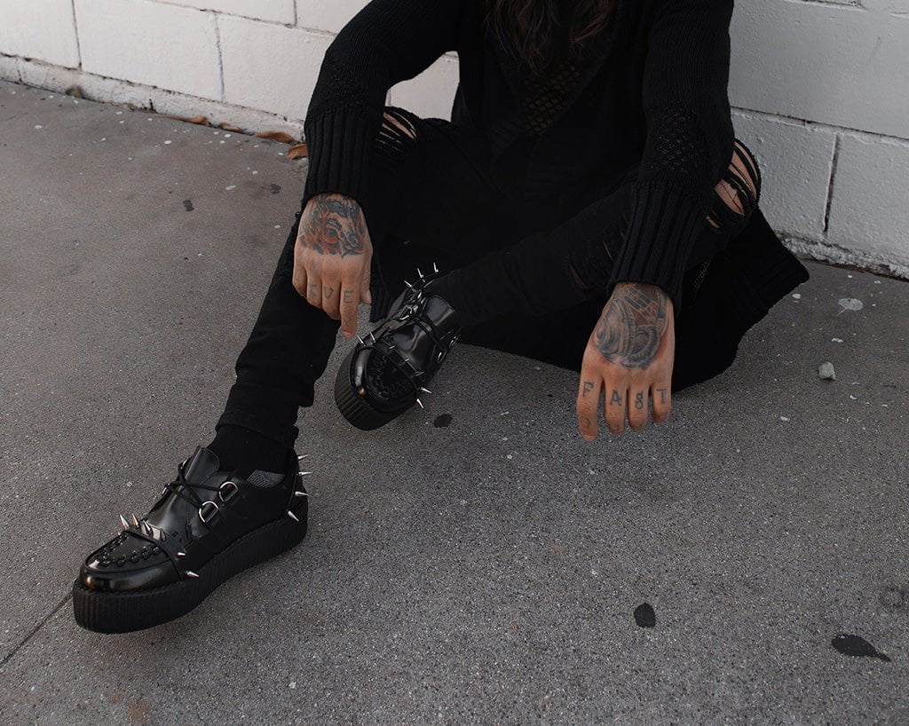 Black Leather Spike Viva Mondo Creeper - T.U.K.V3341-03