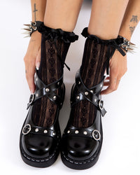 T2355 Black Leather Studded Ankle Strap Mary Jane