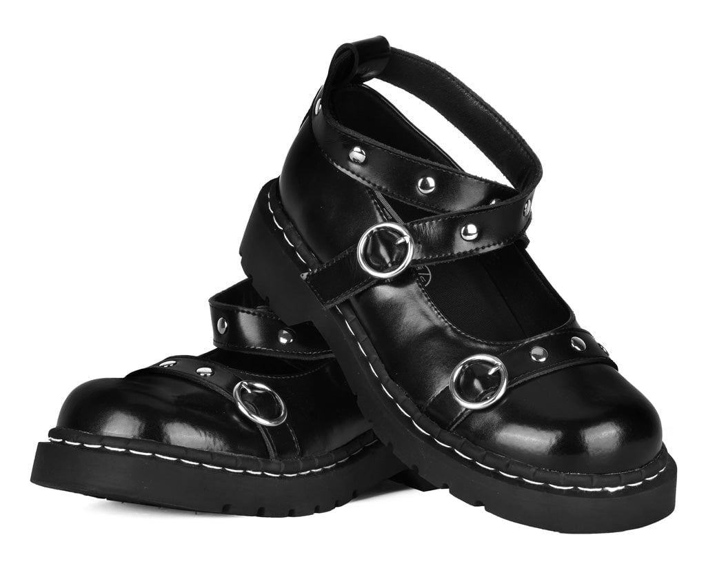 T2355 Black Leather Studded Ankle Strap Mary Jane