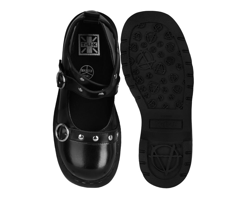T2355 Black Leather Studded Ankle Strap Mary Jane