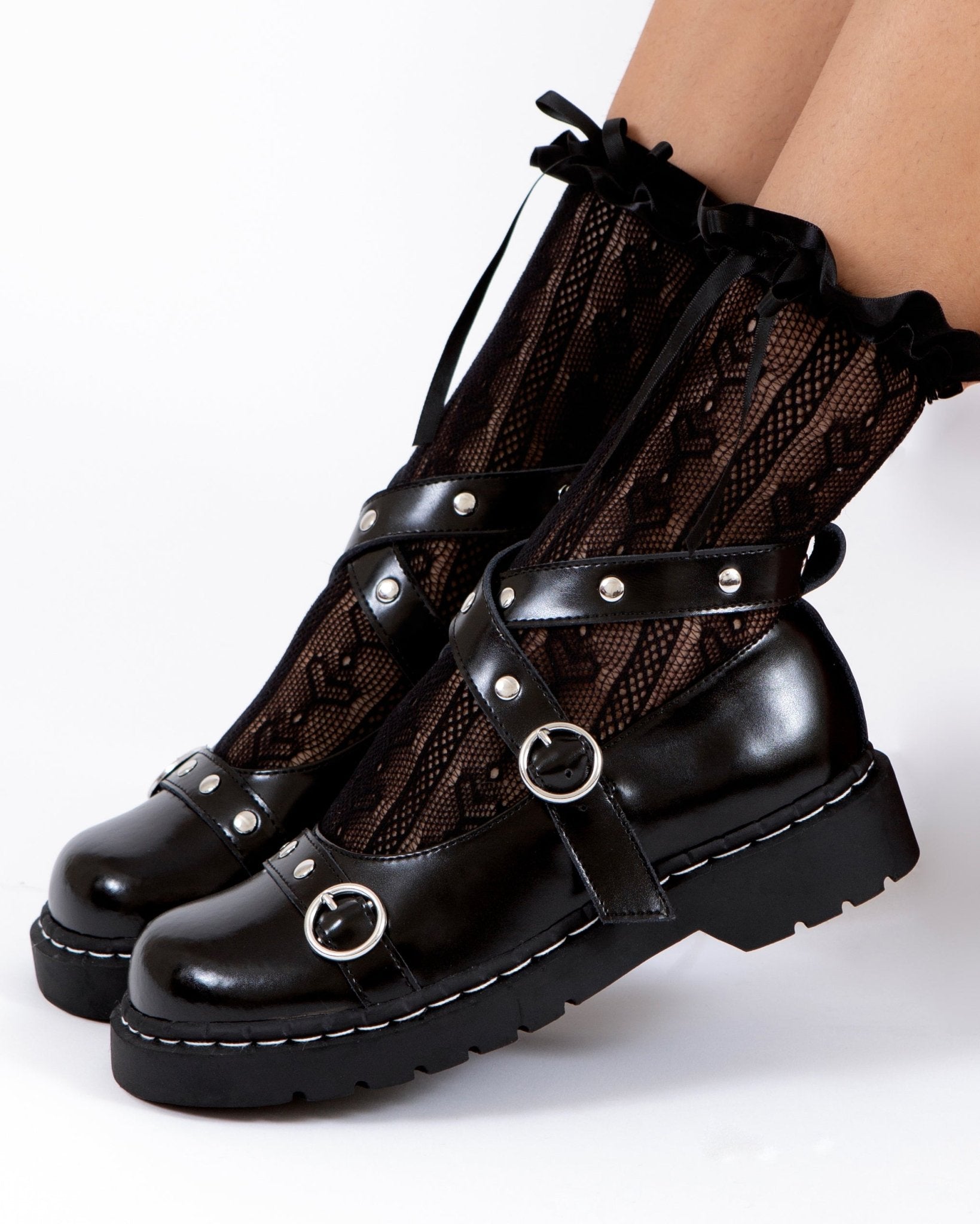 T2355 Black Leather Studded Ankle Strap Mary Jane