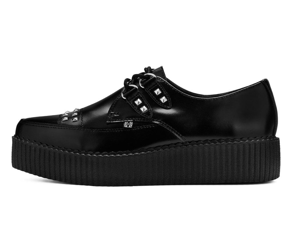 Black Leather Tie Studded Pointed Mondo Creeper - T.U.K.H3515-03
