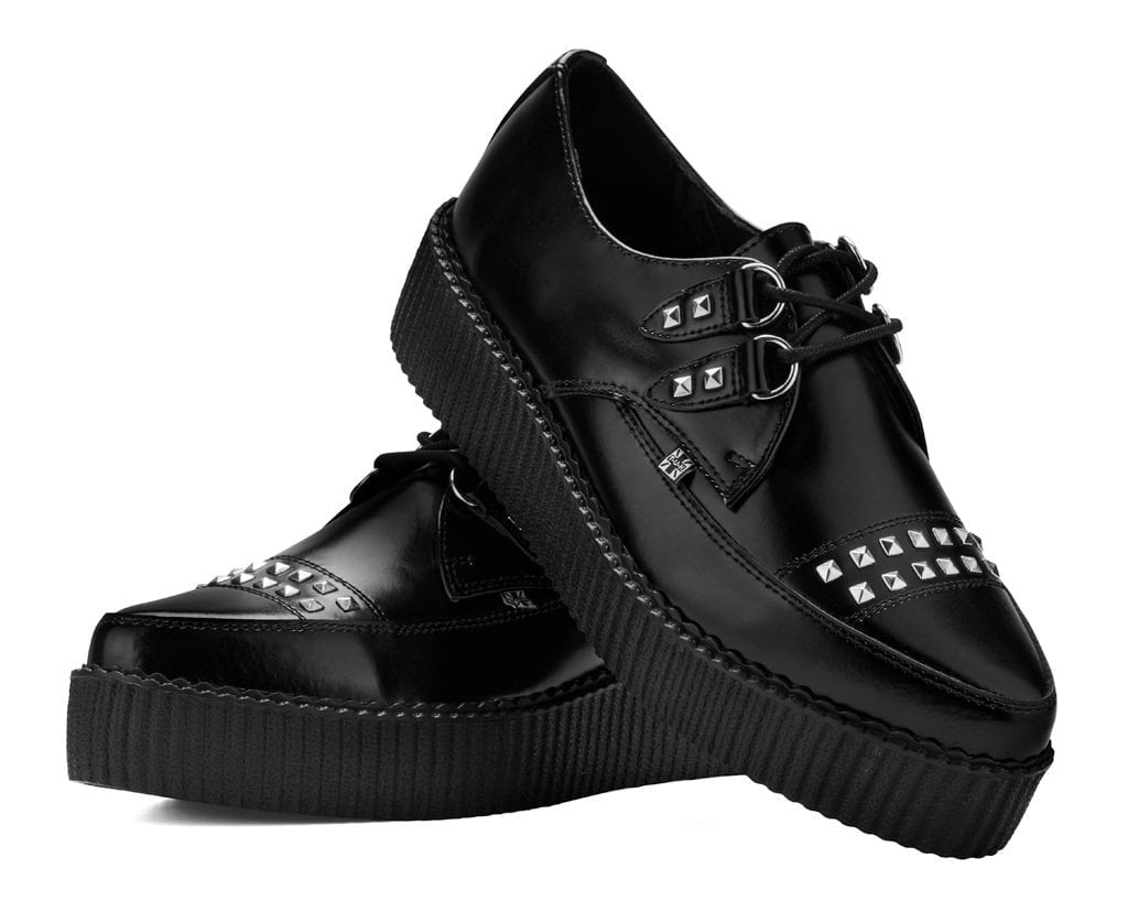 Black Leather Tie Studded Pointed Mondo Creeper - T.U.K.H3515-03