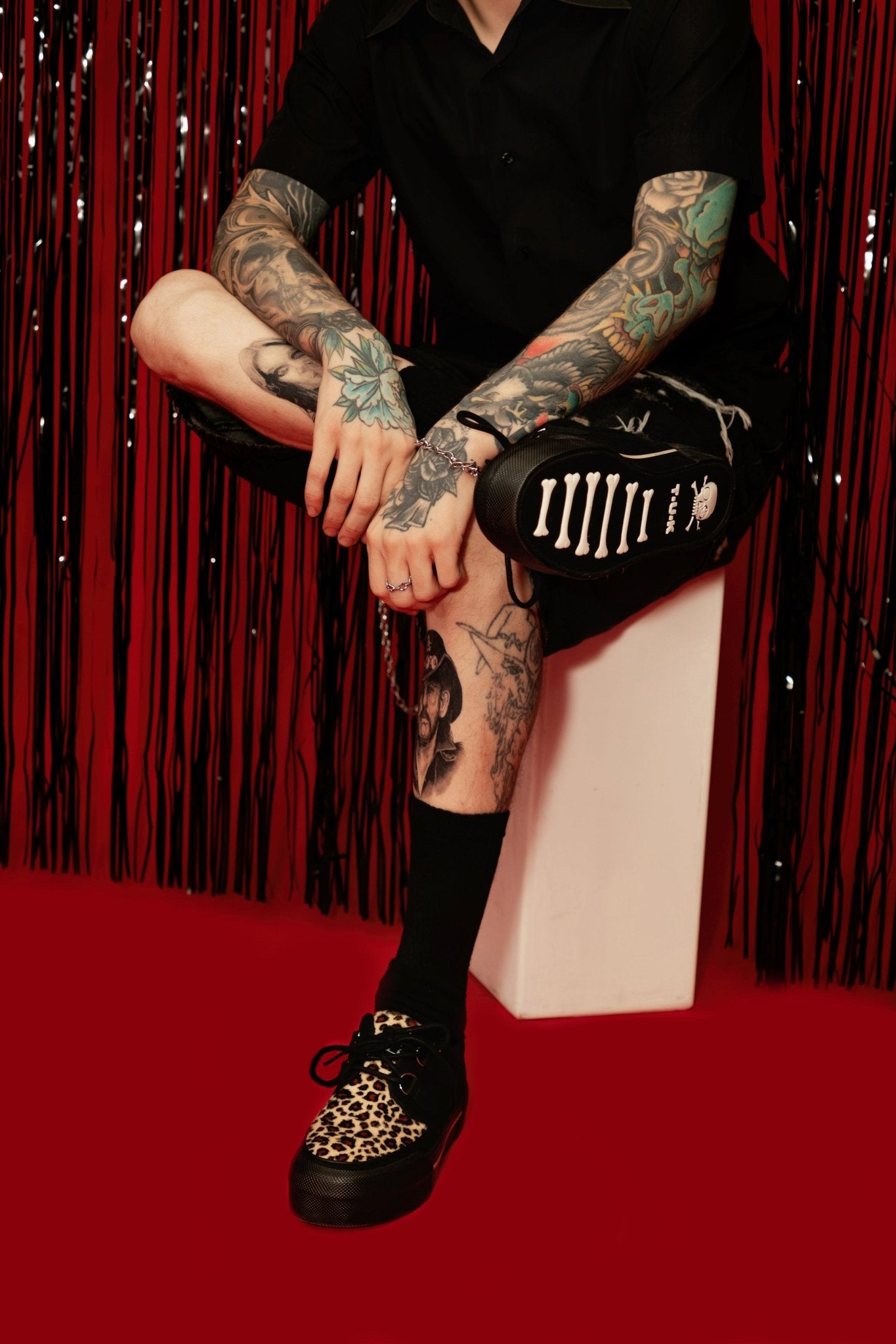 A3444 Black & Leopard Canvas Platform Creeper Sneaker