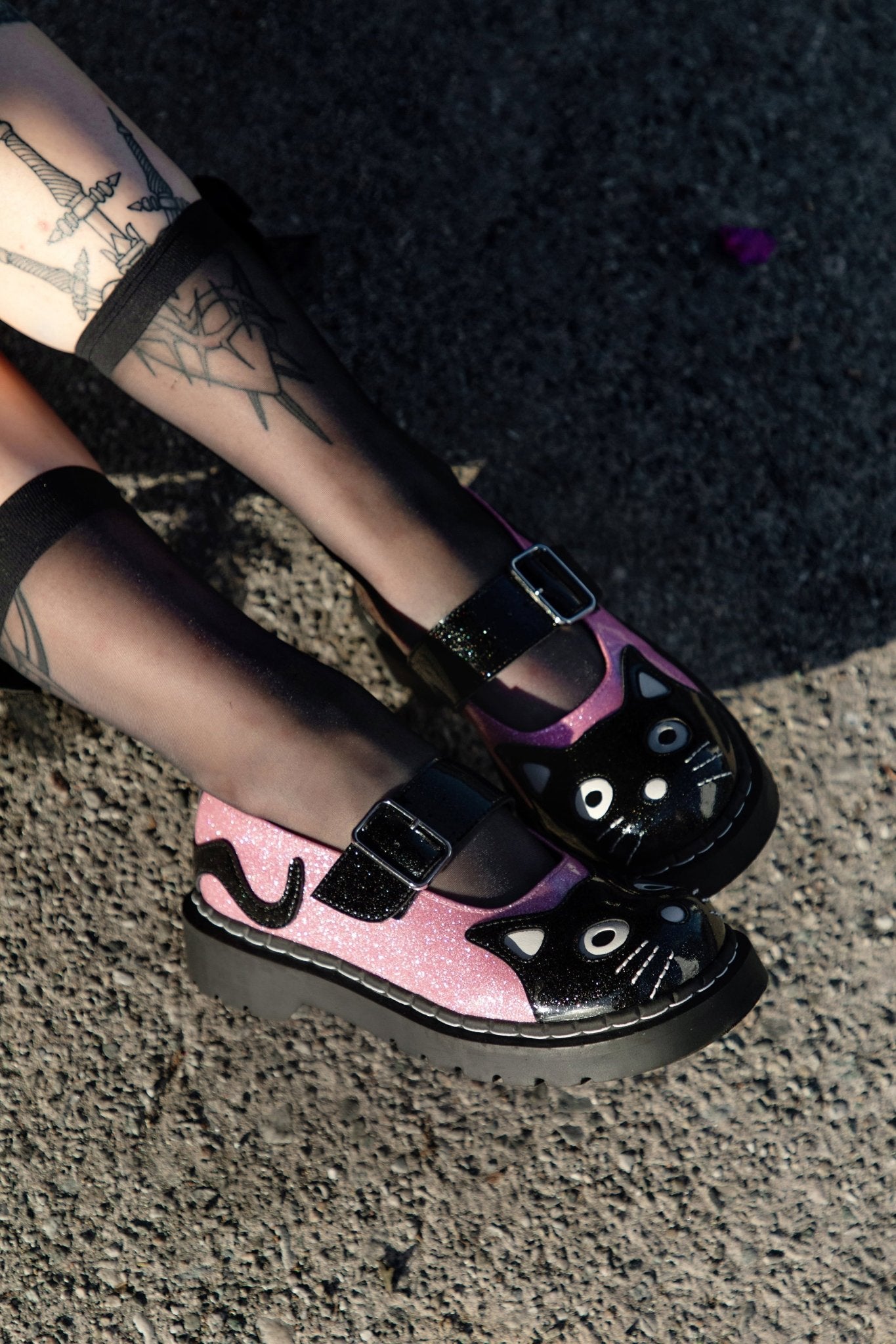 Black & Pink Vinyl Glitter Kitty Mary Jane - T.U.K.T2378-05
