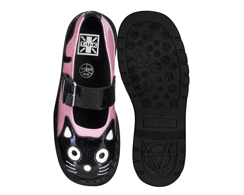 Black & Pink Vinyl Glitter Kitty Mary Jane - T.U.K.T2378-05