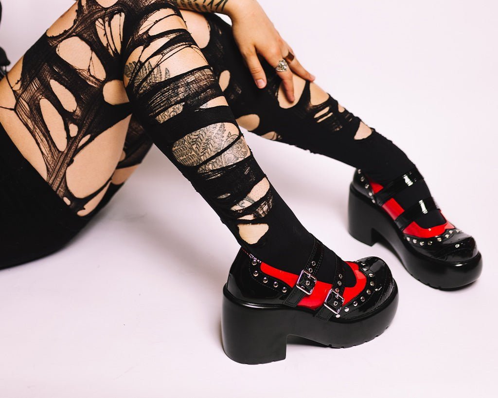 A3274L Black & Red Patent Brogue Bubble Mary Jane