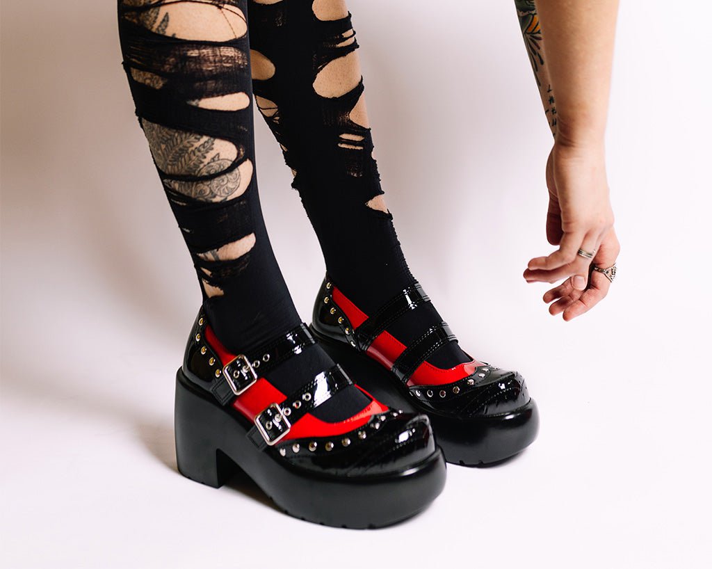 A3274L Black & Red Patent Brogue Bubble Mary Jane