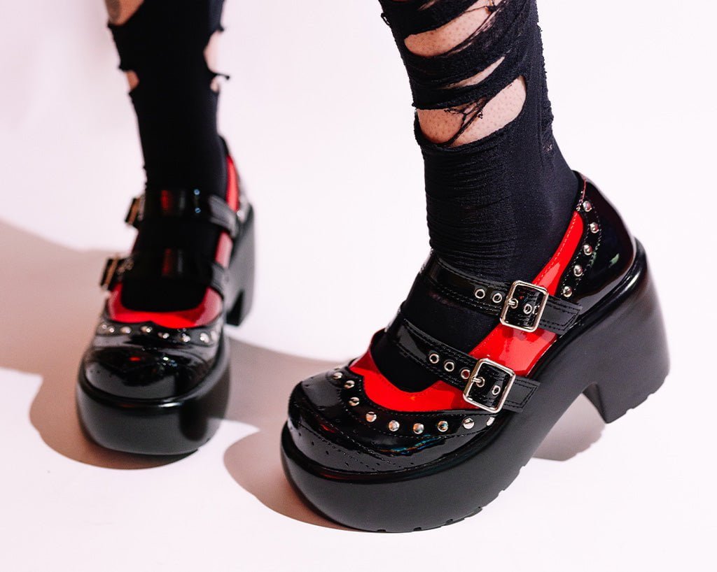 A3274L Black & Red Patent Brogue Bubble Mary Jane
