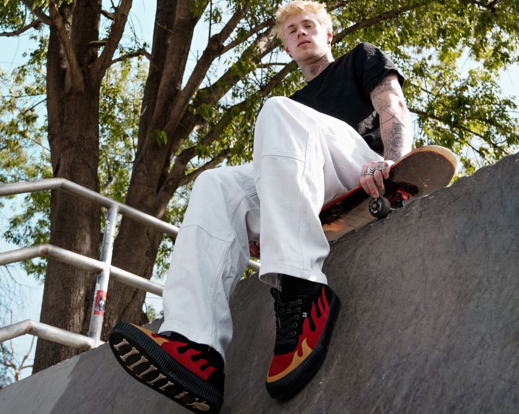 A3349 Black & Red Suede Flame Creeper Sneaker