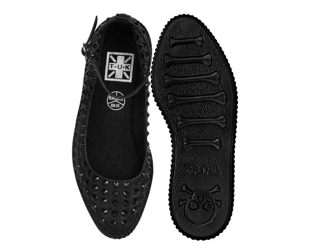 A9666L Black Spiked Pointed Ballet Ankle Strap Creeper