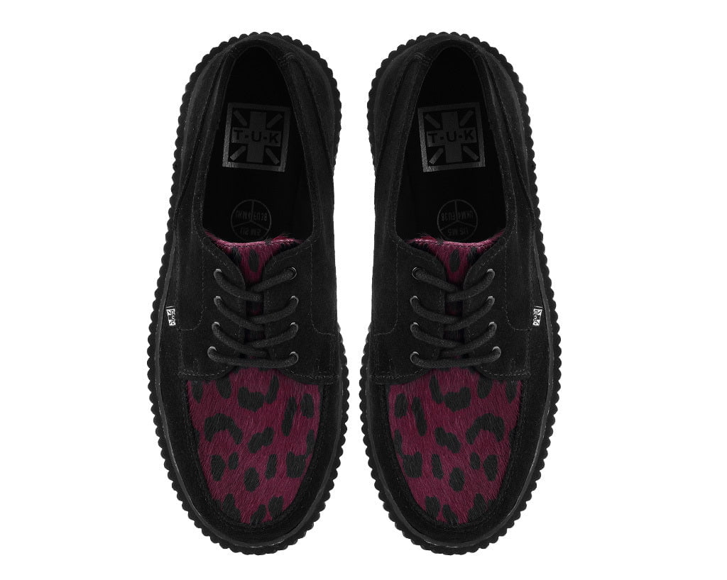 G3453 Black Suede Burgundy Leopard Hair Vintage Creeper