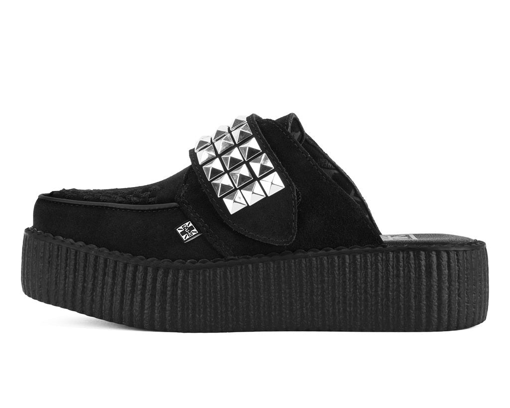V3476L Black Suede Studded Strap Creeper Mule