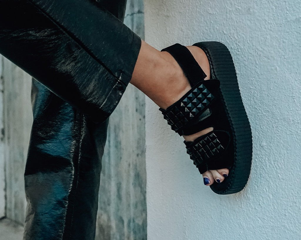 V3254L Black Suede Velcro Studded Sandal