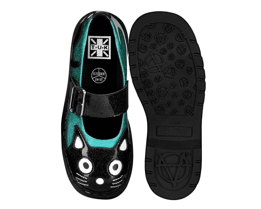 Black & Teal Vinyl Glitter Kitty Mary Jane - T.U.K.T2379-05