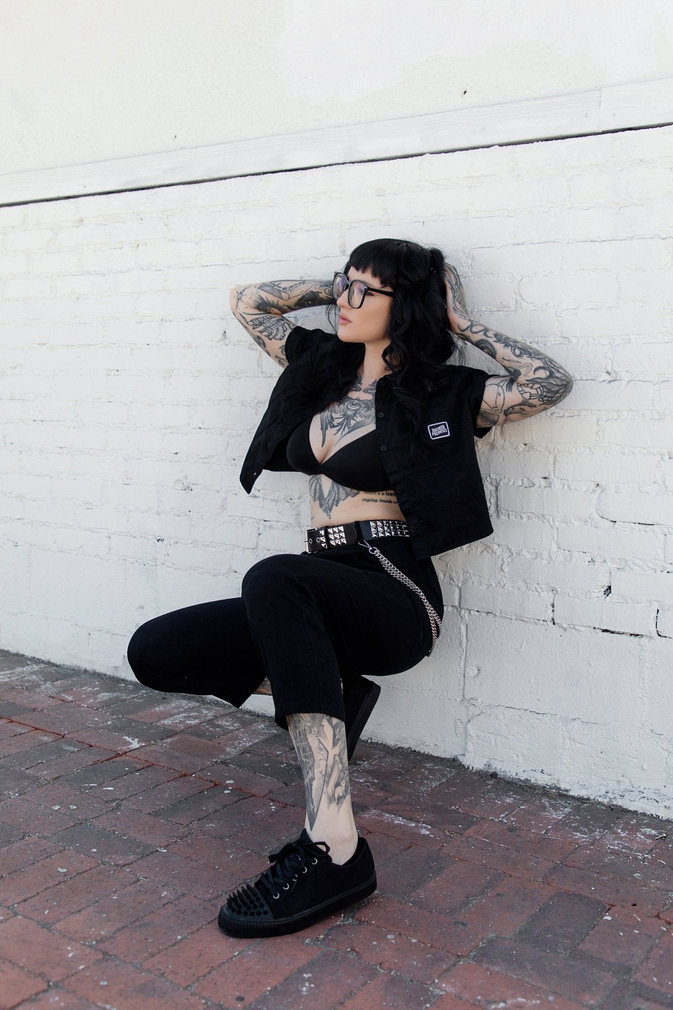 A3428 Black Twill  Spiked  Lace Up Sneaker