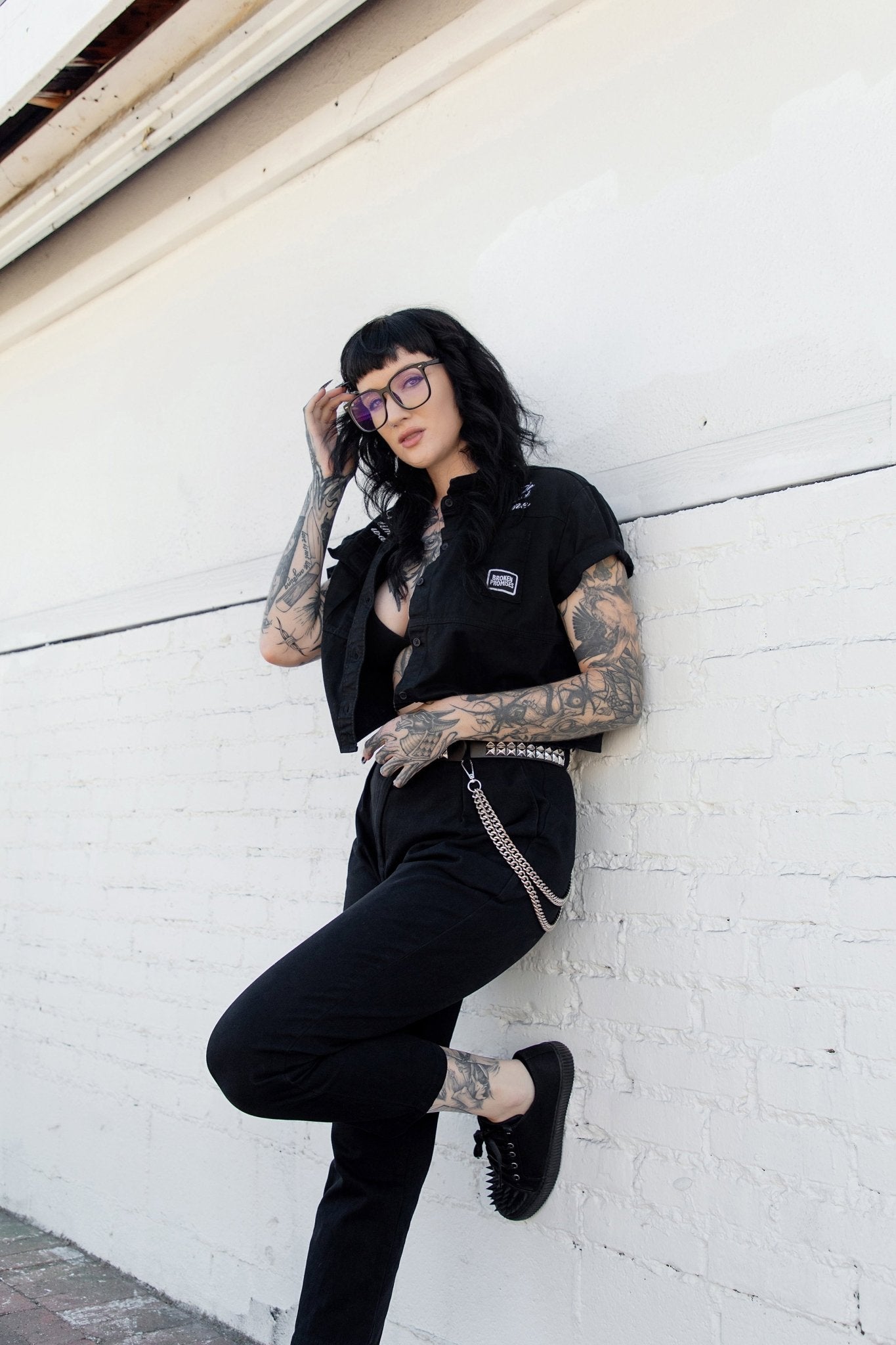 A3428 Black Twill  Spiked  Lace Up Sneaker