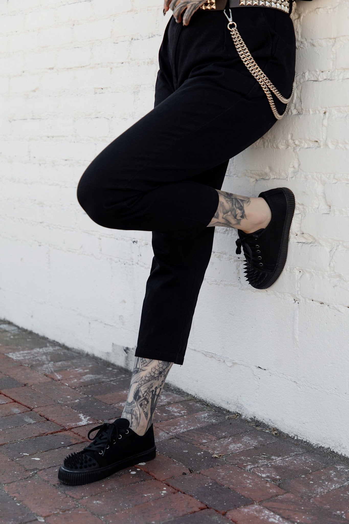 A3428 Black Twill  Spiked  Lace Up Sneaker