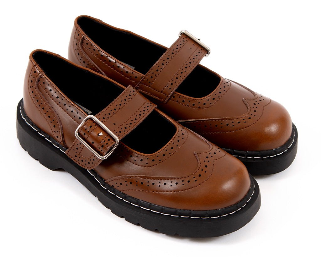 T2349 Brown Leather Brogue Mary Jane Brown